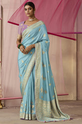 Light Blue Dola Viscose Silk Saree Intricate Flower Pattern Weaving On All Over Saree